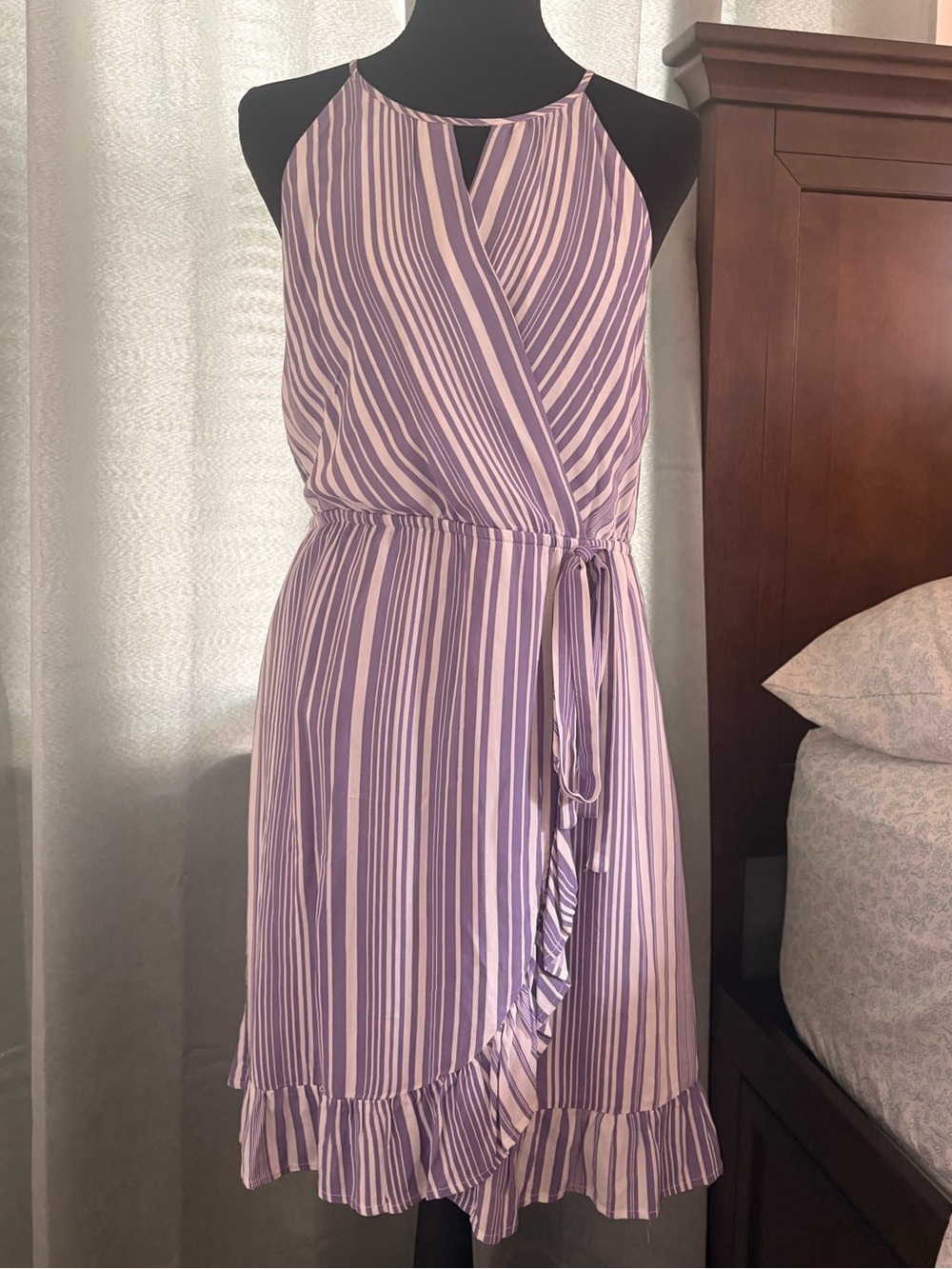 Harper Heritage Striped Lavender Wrap Midi Dress with Ruffle Hem Medium